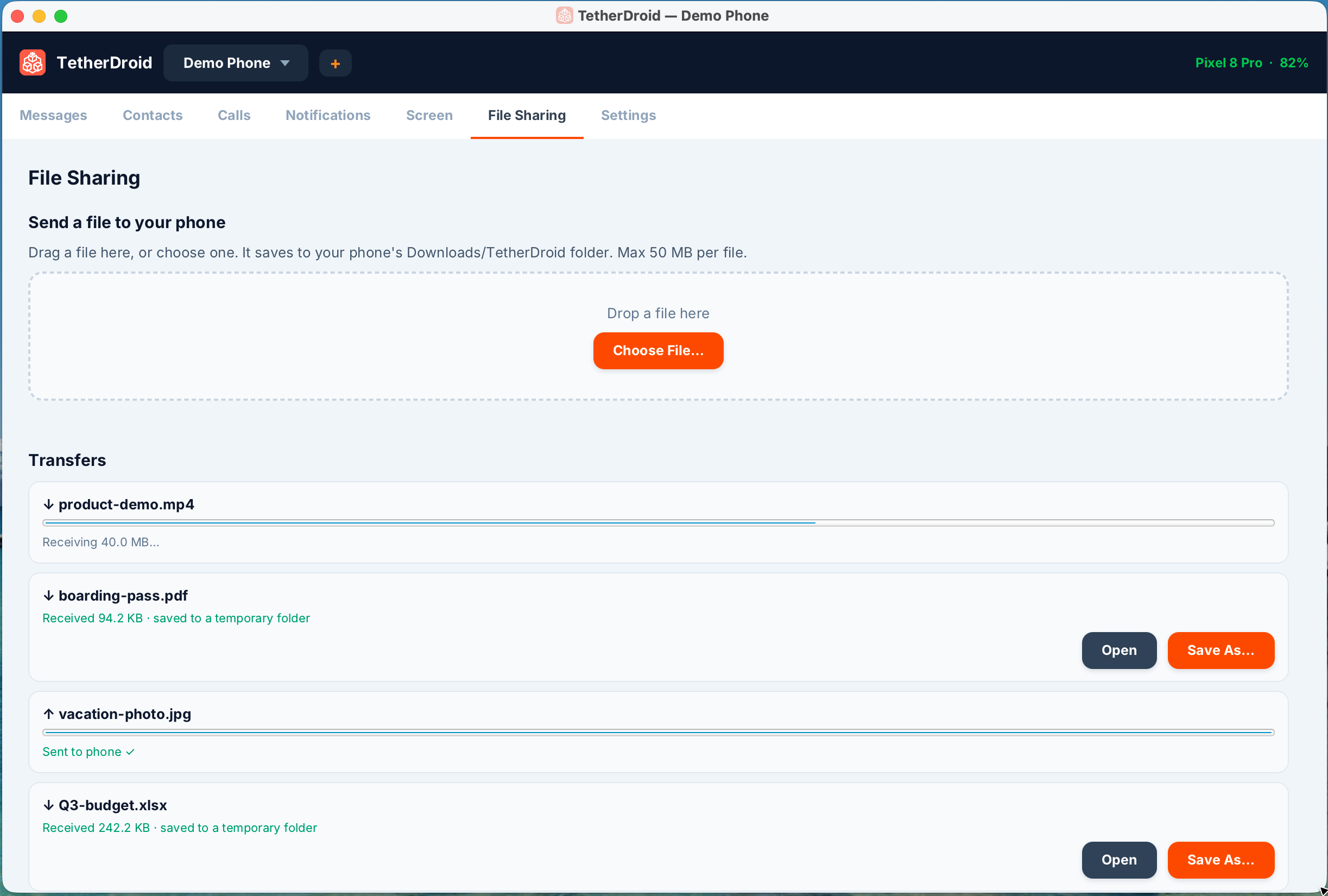 File sharing between phone and desktop in TetherDroid