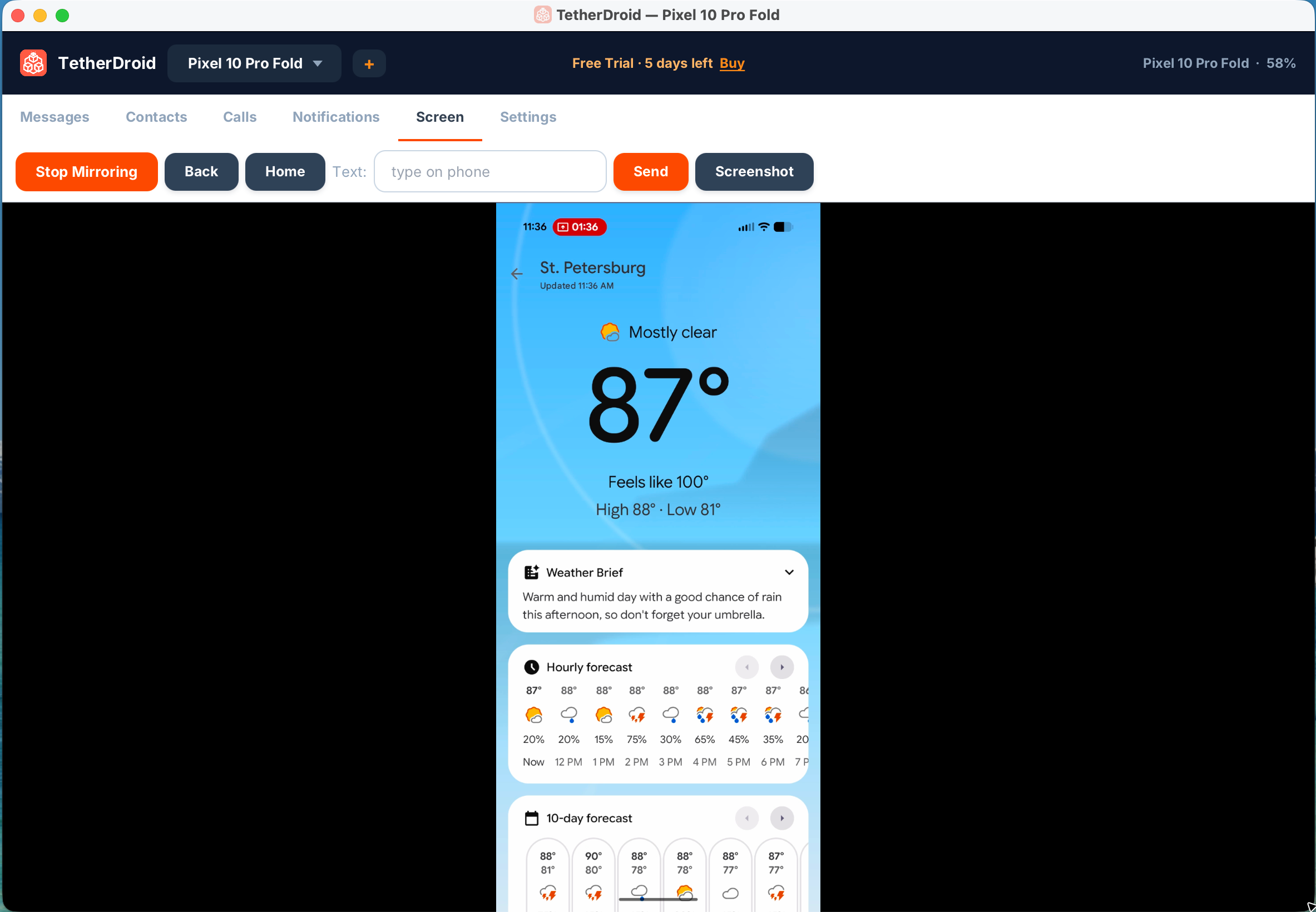 Live screen mirroring in TetherDroid
