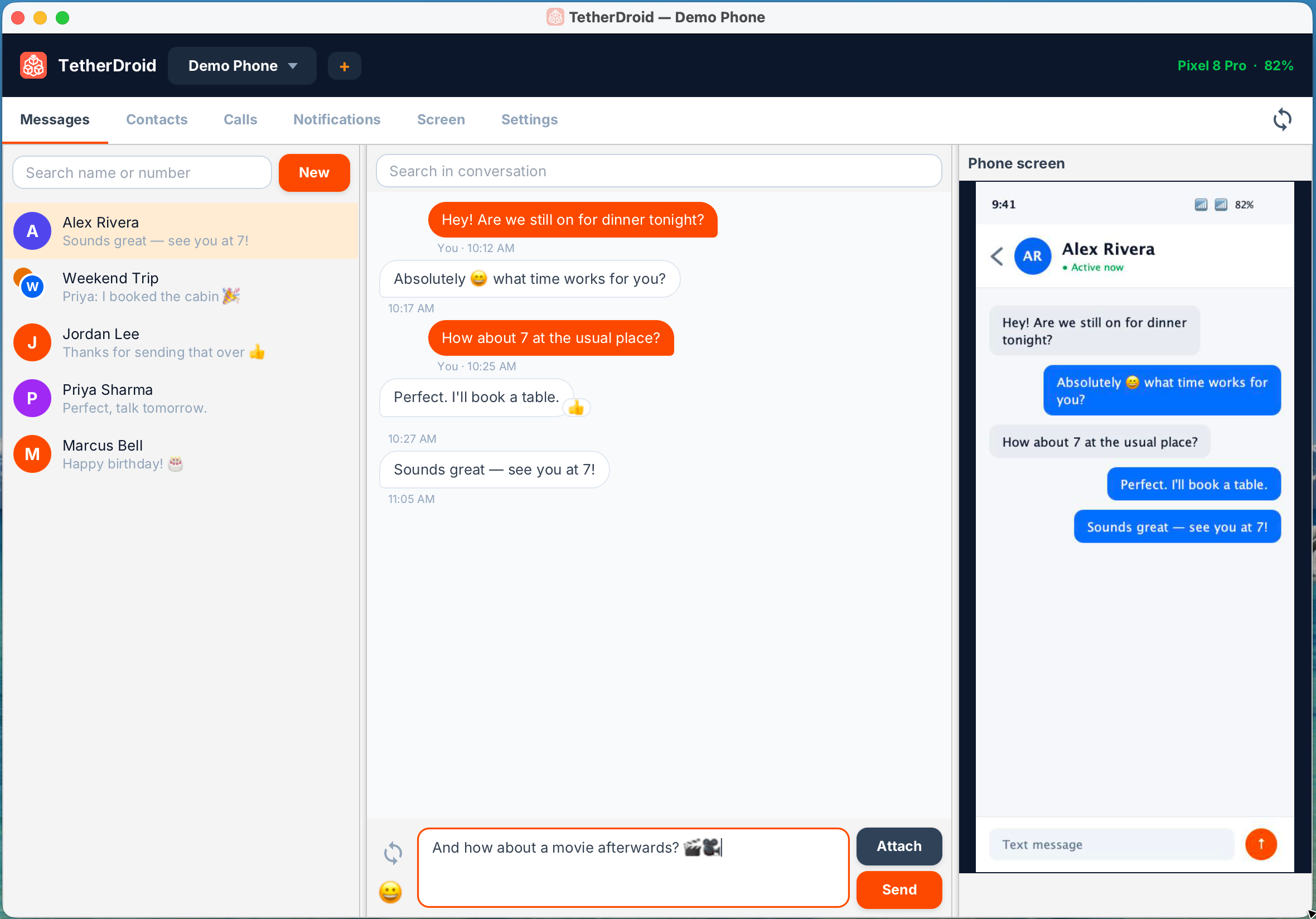 TetherDroid desktop app showing Messages and the live phone screen